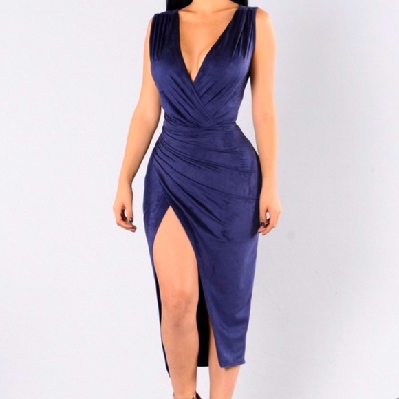 Fashion Nova Dresses & Skirts - NWT Sexy fashionnova suede blue vneck dress w slit